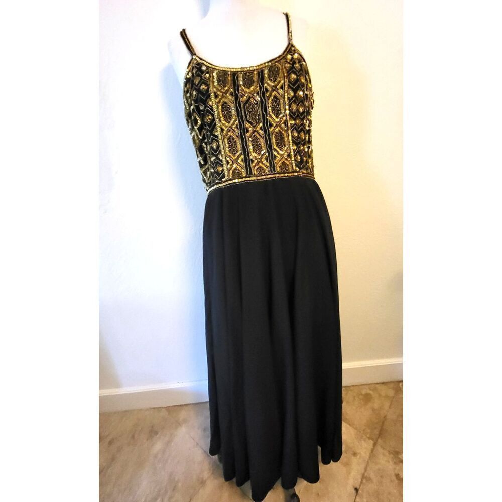 Vintage 80s Malcolm Star Beaded Gold Black Dress Size M Rayon